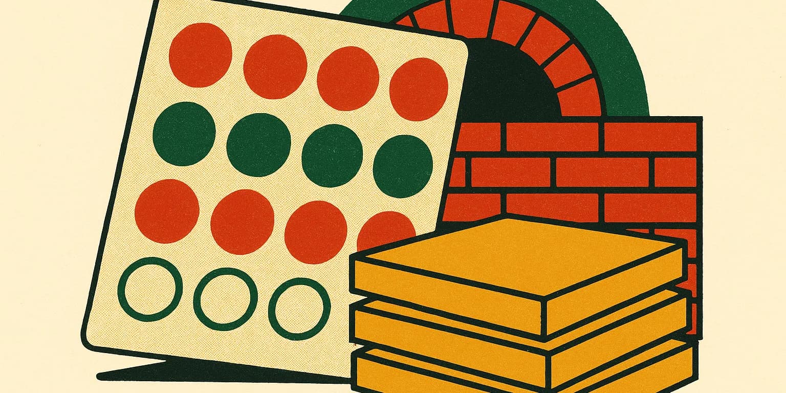 Illustration d'une grande carte de fidélité à tampons posée contre un four à pizza, devant une pile de cartons à emporter.