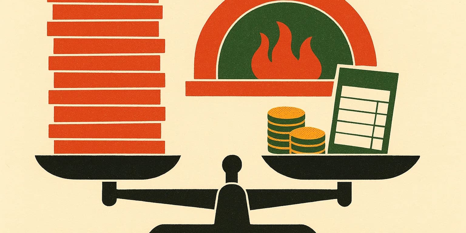 Illustration d'une balance de comptoir à l'équilibre, des cartons à pizza sur un plateau et des pièces avec un carnet de commandes sur l'autre, devant un four à bois.